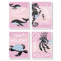 Set with fore isolated Cards with text `Ocean holiday` and sea animals.